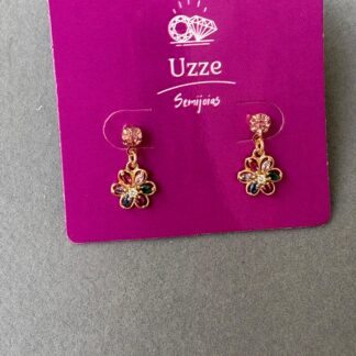 Brinco Infantil Flor Colorida Cravejada