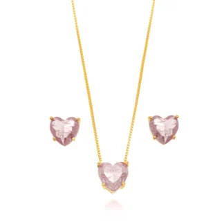 Conjunto Coração Rosa Quartzo